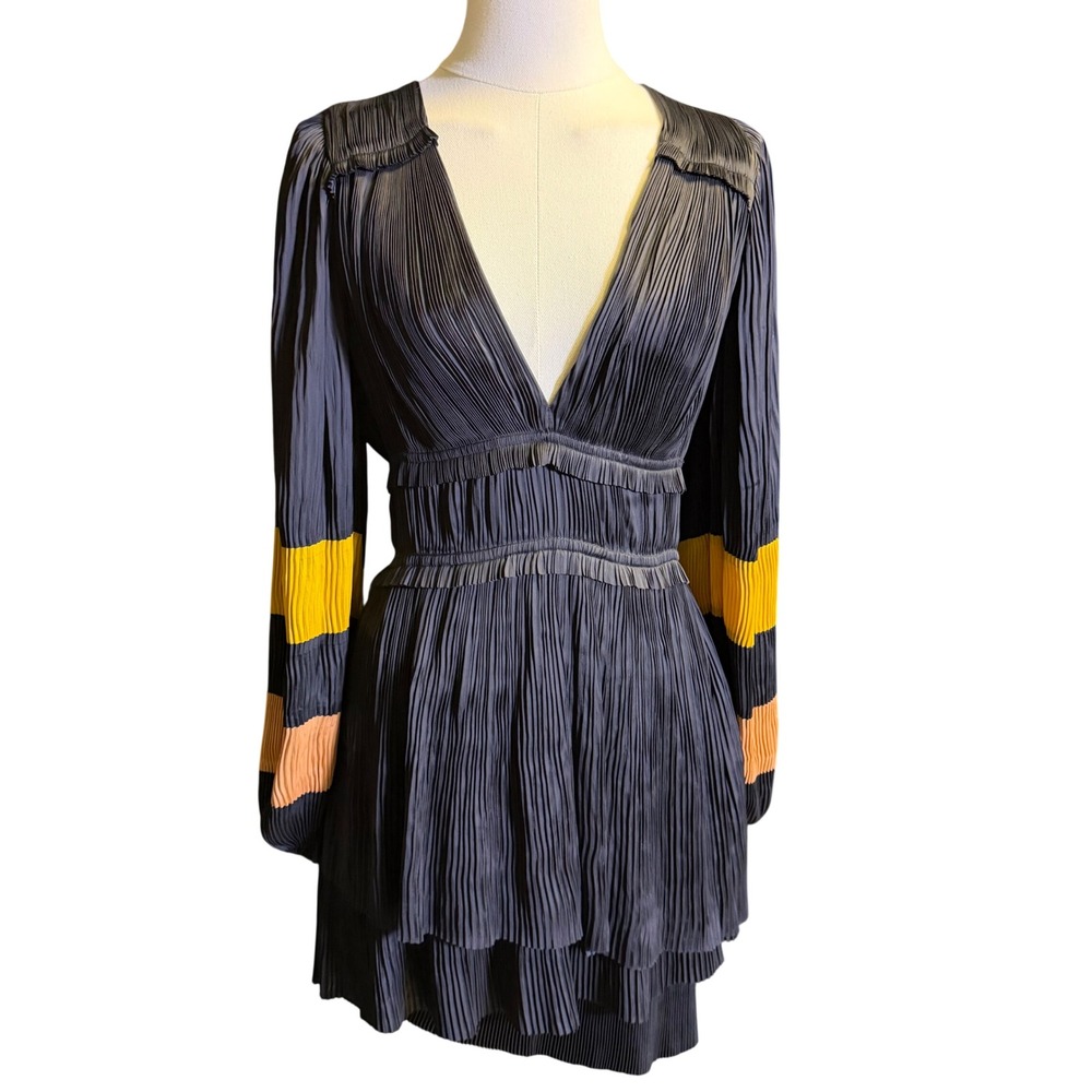Ulla Johnson Black Pleated Long Sleeve Mini Dress Size 4 Plisse Cocktail Whimsi